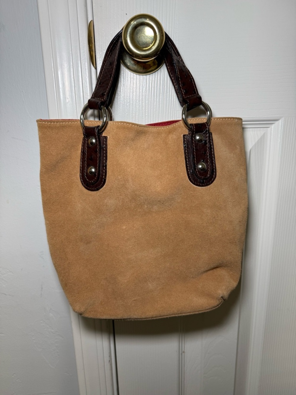 Vintage Maurizio Taiuti Genuine
Leather Suede Handbag Tan
Brown 11 X 10" Italy